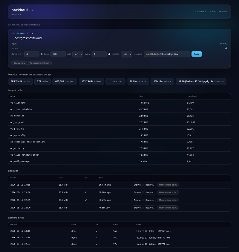 Every database&rsquo;s own page: live metrics, the dump history you can browse or restore, and the restore drills at the bottom — each one restoring the whole thing into a throwaway database and counting the rows. &ldquo;restored 271 tables, ~616 950 rows&rdquo;, in 16 seconds.